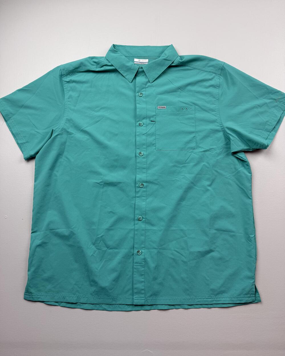 Columbia PFG Shirt Mens XL Green Solid Short Sleeve Fishing Button Up Vented